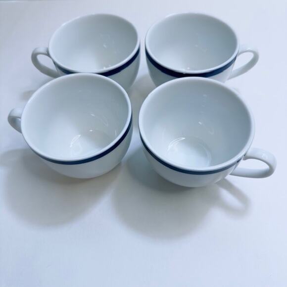 Williams-Sonoma Flat Cup Brasserie Blue Set of 4 White w/Blue Band Japan - Picture 4 of 14